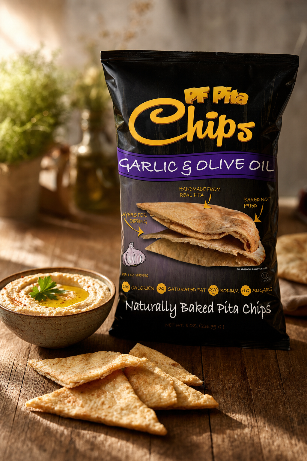 PF Pita Chips Garlic & Olive Oil served with hummus dip