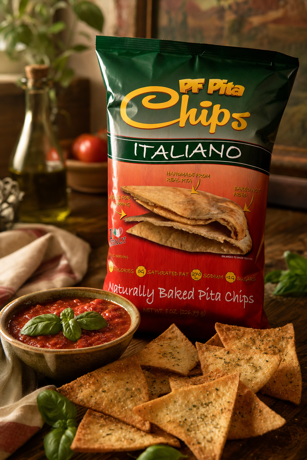 PF Pita Chips Italiano served with marinara dip