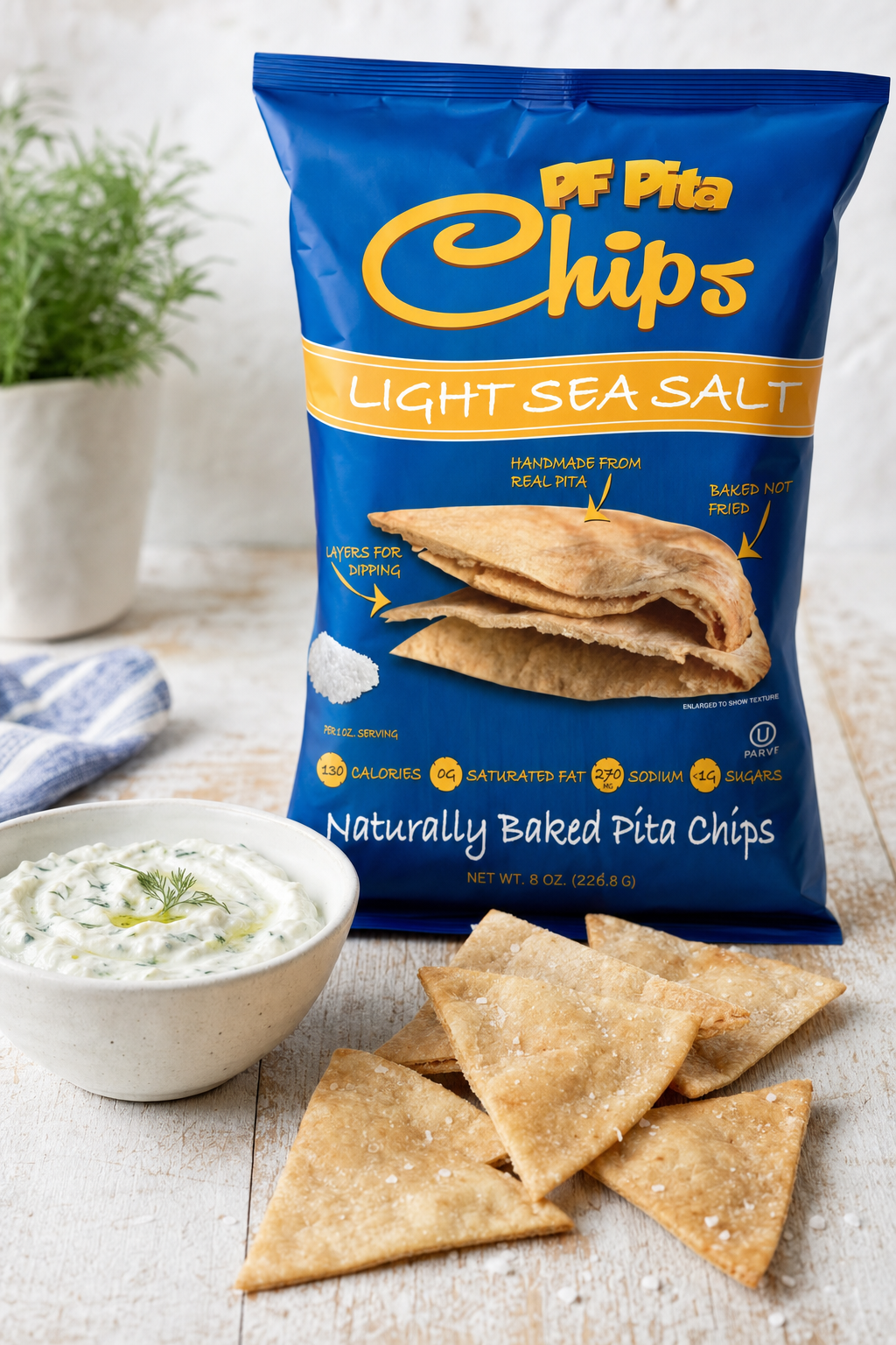 PF Pita Chips Light Sea Salt served with tzatziki dip