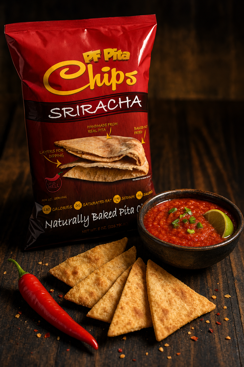 PF Pita Chips Sriracha served with spicy dip