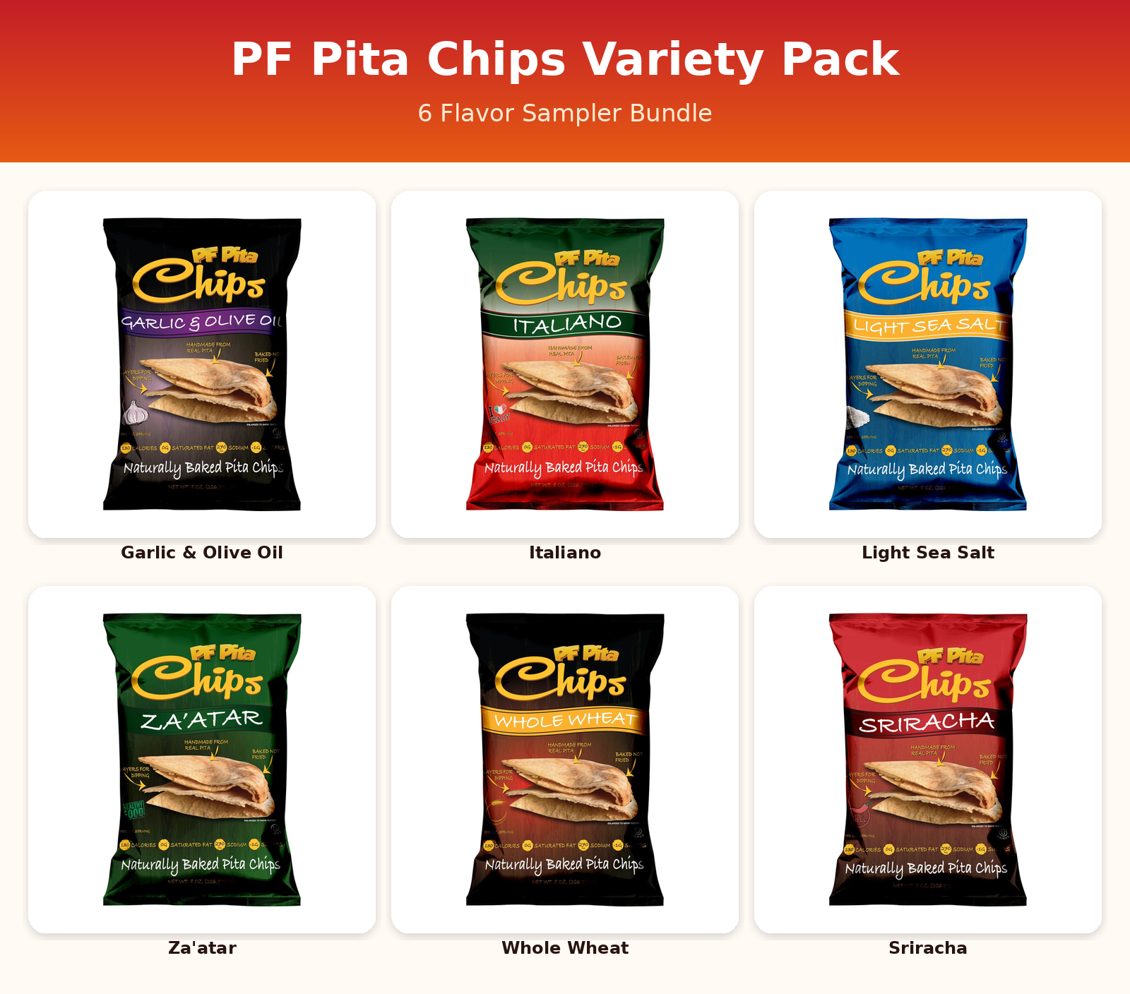 PF Pita Chips Variety Pack - 6 flavor sampler collage
