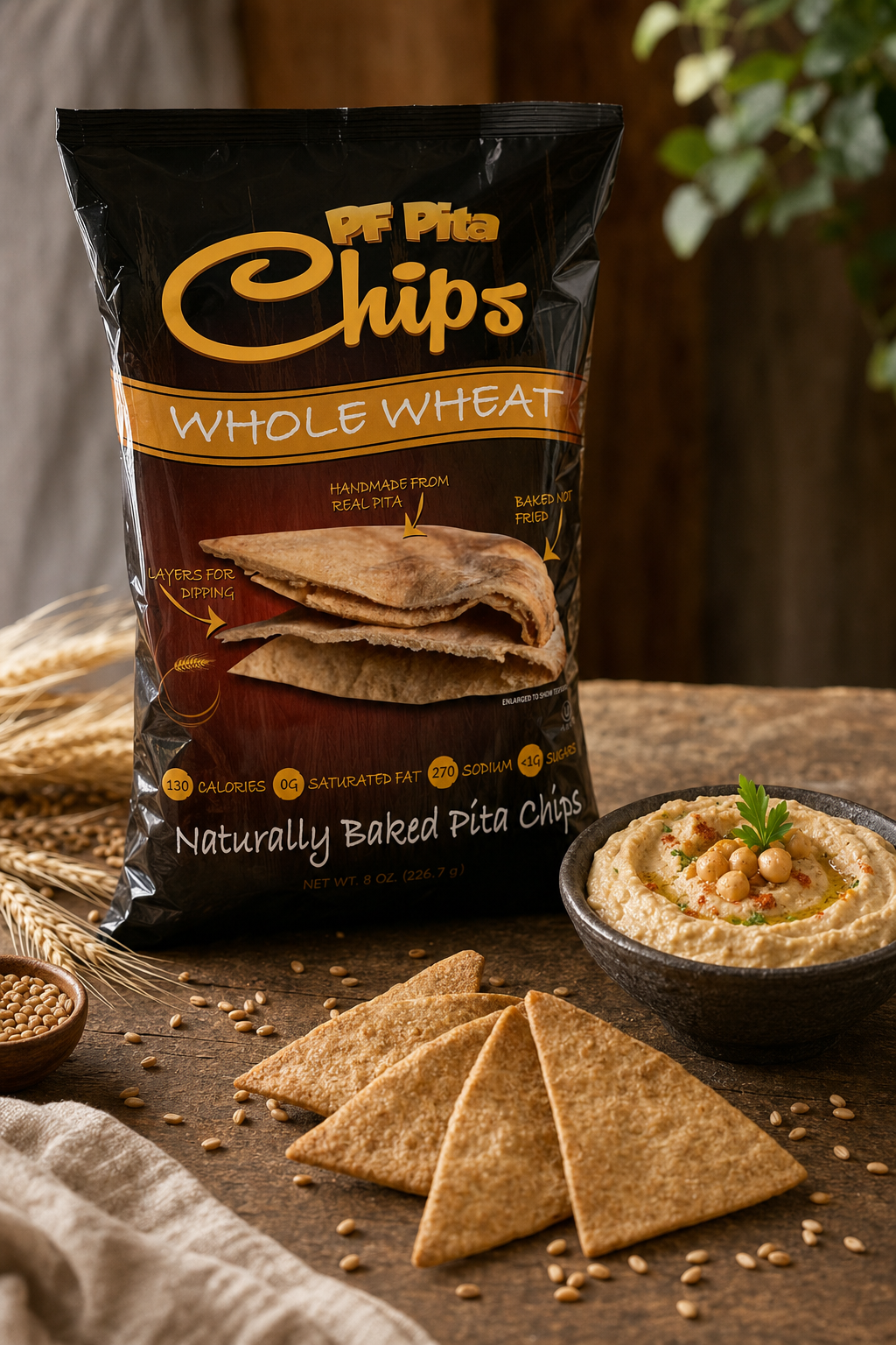 PF Pita Chips Whole Wheat served with hummus dip