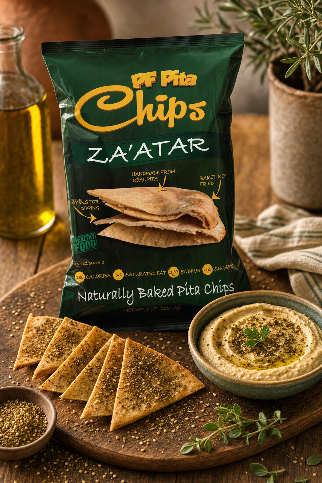 PF Pita Chips Za'atar served with hummus dip